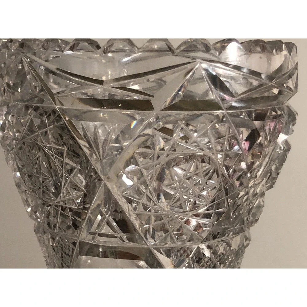 Vtg ABP  Cut Glass Corset Sawtooth Vase 10”
